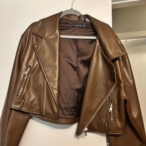 Lioness Brown Cropped Leather Moto Jacket